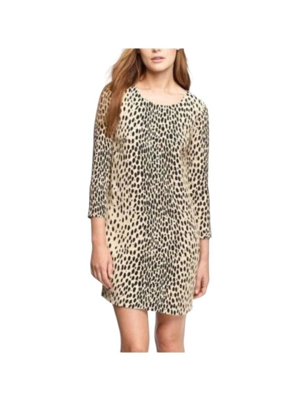 J. Crew Dress Size 4 Shift Leopard Print Beige/Black 3/4 Sleeve Patch Pockets